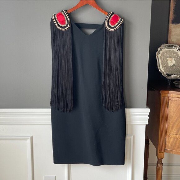 Vtg La Perla Black Beaded Epaulet Long Fringe Scoop Open Back Dress IT 44 US 8 - Picture 13 of 15